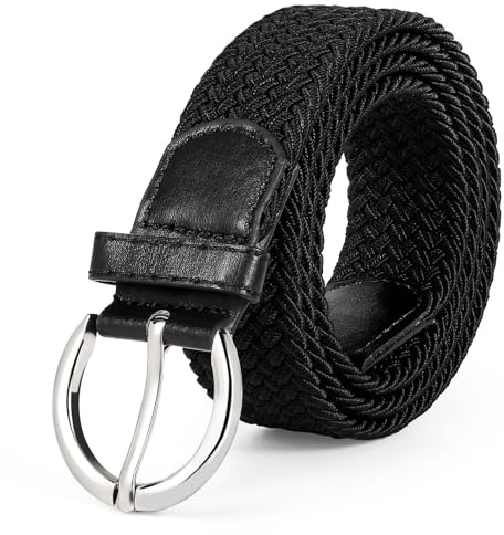 WERFORU flätat elastiskt bälte stretchbälte för kvinnor justerbart tygbälte för jeans och byxor, B-svart med silverspänne, Gürtellänge 130cm