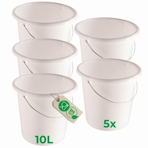 Novaliv 5 Stück Eimer 10L Weiß mit Maßeinteilung - Putzeimer 10 Liter ? 28,5 cm Praktischer Allrounder mit Skala für Haushalt & Garten ideal als Haushaltseimer, Wassereimer, Wischeimer, Bucket