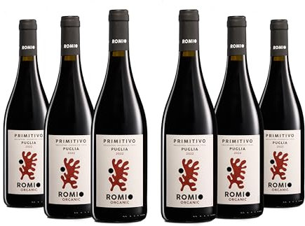 Romio Organic Rotwein Primitivo BIO Puglia IGT, Noten von Schwarzen Früchten, Gewürzen und Weißem Pfeffer, Vollmundig am Gaumen. 13,5% Vol., Karton mit 6 Flaschen mit jeweils 750 ml