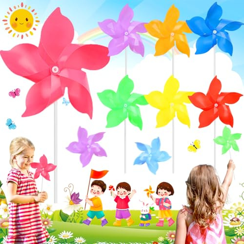 Weploda 7 Stück Windrad, Wind Rad Kinder Set, Bunte Große Windmühlen, Kinderspielzeug Für Windmühlen, Tragbares Windrad Spielzeug(Rot, Grün, Gelb, Blau, Lila, Rosa, Orange)