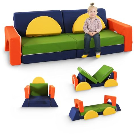 MKS Divano da gioco per bambini in schiuma – per bambini & angolo di coccole nella cameretta dei bambini | Composto da 10 pezzi per la zona notte e la sala giochi (colorata)