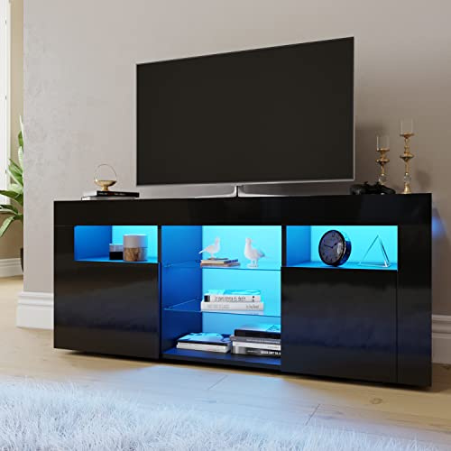 ELEGANT 120cm LED TV Unit High Gloss Modern TV Stand Cabinet with Ambient RGB Lights for 32 40 45 50 inch 4k TV Living Room and Bedroom Furniture with Storage, Black