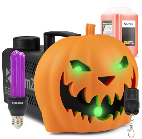 BeamZ S553L Nebelmaschine Halloween Deko mit LED Kürbis Kopf - 550 Watt Rauchmaschine mit UV-Lampe, 2-in-1 mit Halloween Kürbis Deko, 16 Farben Lichteffekt, Soundeffekt Nebelmaschine Mini