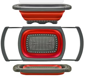 Sky35 Colander collapsible,Collapsible strainer,Colander Strainer Over, Vegetables & Fruits – Over The Sink Strainer,Strainers (6 Quart) with Extendable Handles,Kitchen Essentials (red)