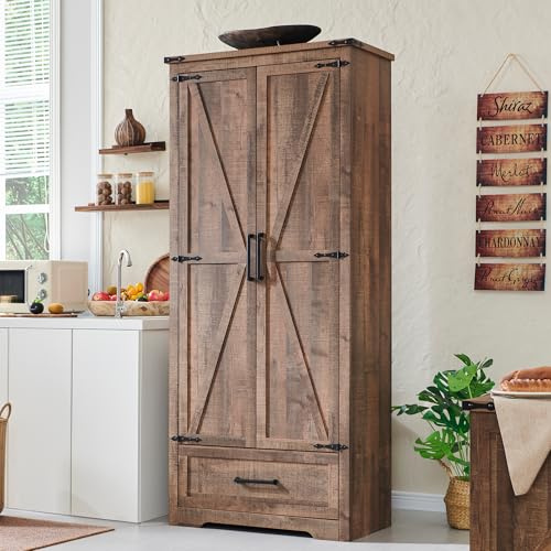 Farmhouse Kitchen Pantry Cabinet - 72 Tall Wood Kitchen Storage Cabinets with Adjustable Shelves & 2 Barn Doors & Drawer, Versatile Storage for Dining Room, Bathroom, Utility Room, Light Brown