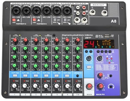 Mezclador de audio profesional Mesa De Mezclas De Sonido For DJ De 8 Canales, Mezclador De Audio Con Efecto 24 DSP, , PC, Grabación De Reproducción USB, Consola Mezcladora De Controlador De 48V A8 par