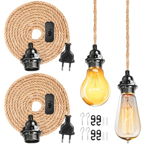 GAOUTO Vintage Pendelleuchte: 2 Stück DIY Hängelampen Kit Mit Stecker, Rustikale E27 Lampenfassung Mit Hanfseil, Plug-In Hängeleuchte Für Küche, Esszimmer Und Loft (4.5M, Schwarz)