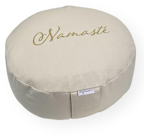 maylow Yoga mit Herz® Coussin de méditation, de yoga, broderie Namasté, housse lavable, coussin intérieur, coquilles de sarrasin, diamètre : 33 cm, hauteur : 15 cm (personnalisation au choix) (amasté