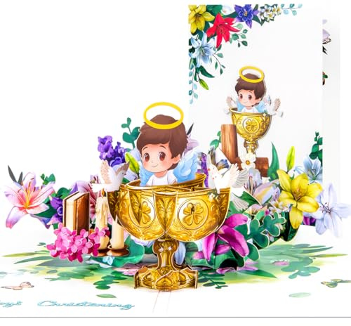 CNLITIHEKA Religiöse Taufe Pop Up Karte für Jungen, Taufe Pop Up Grußkarte Baby, mit Vögeln, Tauben, Kelch, inklusive Umschlag.