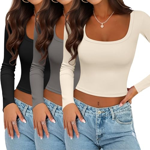Ekouaer Womens 3 Pack Long Sleeve Crop Tops Square Neck Ribbed Slim Fitted Base Layer Basic Shirt Thermal Undershirts XS-XXL Black/Beige/Dark Grey L
