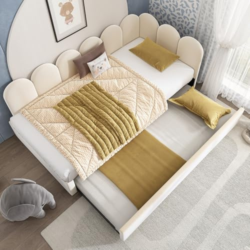 RIAZOS Polsterbett Einzelbett 90x200 cm, Tagesbett Schlafsofa mit 90x190 Ausziehbett, Daybett mit Lattenrost, Kinderbett Jugendbett Erwachsenenbett, Samt, ohne Matratze, Beige