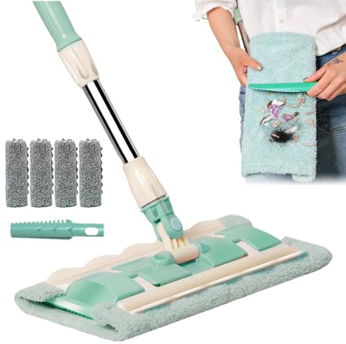 Kustimantu - Serpilla para Suelo de parquet con 4 Cabezas Lavables, Incluye raspador de Polvo y Mango Ajustable Giratorio de 360 Grados para Limpieza