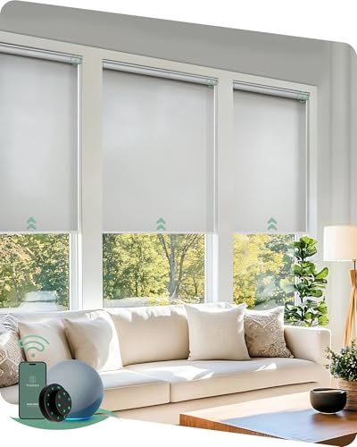 Yoolax Motorized Blinds with Remote, Light Filtering Smart Roller Shades Work with Alexa, Google, Apple Homekit, Custom Automatic Shades with Voice Control for Living Room (Pure White)