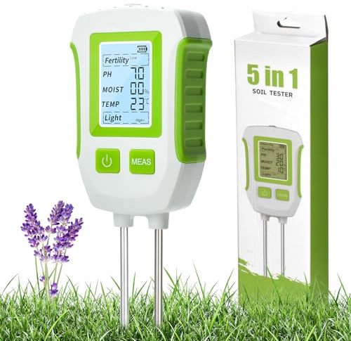 Voktta 5-IN-1 pH Messgerät Erde, Digital feuchtigkeitsmessgerät Pflanzen mit Funktionen für Fruchtbarkeit/pH-Wert/Feuchtigkeit/Temperatur/Licht, für Farm, Gartenarbeit, Rasenflächen, Outdoor Gärten