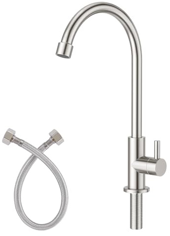 CREA Grifo de Agua Fría para Cocina,Grifo de Cocina de Alta Presión De Acero Inoxidable,Grifo Giratorio 360° con una sola manija,Grifo de Agua Fría para Cocina o Jardín, Acero Inoxidable
