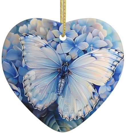 Christmas Ceramic Heart Pendant YYHHAOFA Butterflies on Hydrangea Printed Smooth and Bright for Christmas Mouse Tree Home and Supermarket Decoration