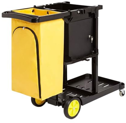 Primero Basics Heavy Duty Janitorial Cart with Key-Locking Cabinet – Commercial Housekeeping & Facility Maintenance Cleaning Cart, Polypropylene Black, 48.6″ D × 21.6″ W × 38.5″ H, Wheels
