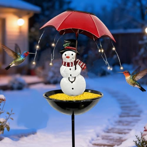 Solar Snowman Bird Feeder with Umbrella & Lights, Schneemann-Vogelfutterspender mit Solarleuchten, Futterhäuschen für Vögel, Vogelhaus aus Metall, Vogelfutterstation für Outdoor Gartendekoration