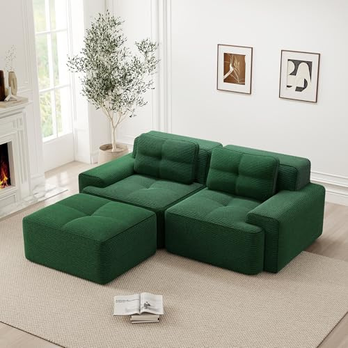 Kelodan Modulsofa Grün, Boneless L-förmiges Sofa für Wohnzimmer mit tiefem Sitz, bequemes Corduroy-Cloud-Sofa mit Ottoman, getuftetes Zweisitzer-Schlafsofa