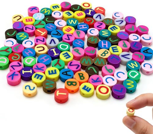 100 Stück Buchstabenperlen aus Polymer Clay, VEINARDYL 10x4mm bunte Alphabetbuchstaben Charm Perlen für DIY-Bastelarbeiten wie Ohrringe, Halsketten und Freundschaftsarmbänder