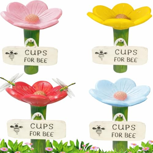 Bee Watering Station for Garden, Flower Bee Waterer with Stake Base, Colorful Pollinator Drinking Cups for Bees and Butterflies, Decorative Outdoor Bee Feeder (4 pcs)