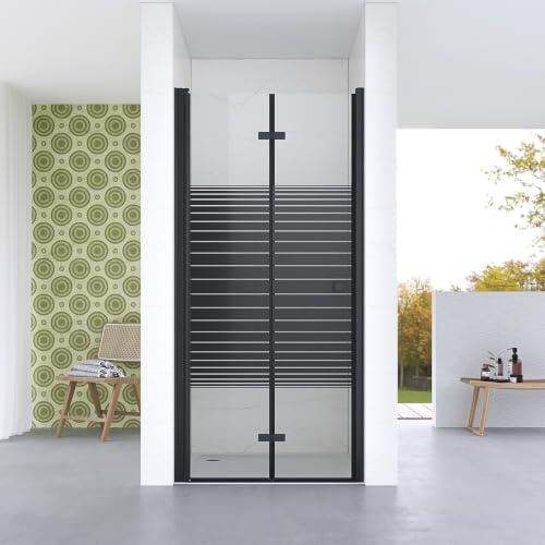 Rahmenlos Faltbare Duschtür Nische schwarz Streifen 90 cm breit Nischentür Dusche Nischenfalttür Drehfalttür Falttür 5 mm ESG Sicherheitsglas | Verstellbereich 90-93,5 cm | Höhe 187 cm | AQUABATOS