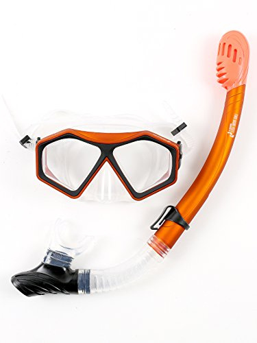 Two Bare Feet Dry Top Snorkel and Silicone Mask Set – Anti-Fog Wide View Tempered Glass Lens with Adjustable Silicone Straps – Leak-Proof Snorkelling Gear for Adults & Teens, Swimming & Diving