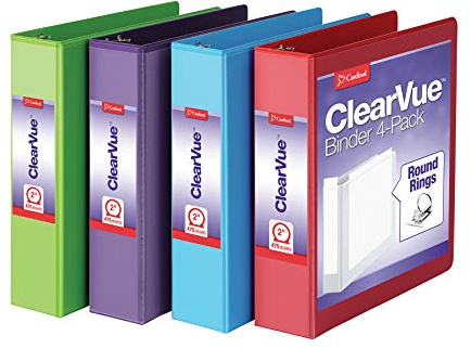 Cardinal 3 Ring Binders, Binders for School and Office, Durable 2 Inch Binder with Round Rings, Holds 475-Sheets, ClearVue Covers, Non-Stick, PVC-Free, Assorted Colors, 4 Pack (29311)