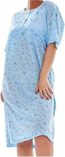 iTRONiK New Ladies Nightdress Floral Print Short Sleeve Rich Cotton Buttons Nightshirt (Blue, M)