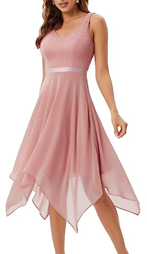 Meetjen Lace Dress for Women Wedding Cocktail Prom Party A Line V Neck Sleeveless Chiffon Swing Dresses Blush L