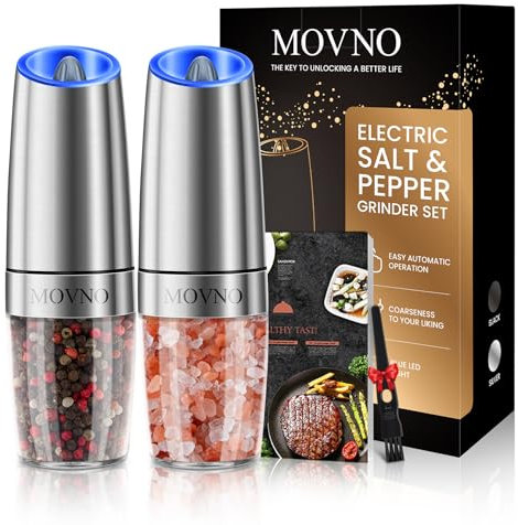 Gravity Electric Salt and Pepper Grinder Set, Battery Powered LED Light One Hand Automatic Operation, Adjustable Coarseness Mill Grinders Shakers Black (B.Silver 2p)