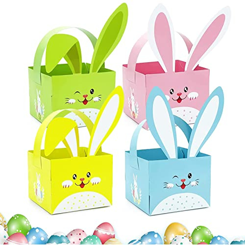 12pcs Easter Paper Baskets Egg Hunt Bunny Baskets Candy Treats Bag, Easter Party Bags Bunny and Eggs Easter Basket with Handles Candy Goody Cookie Holder (Rabbit Ear)