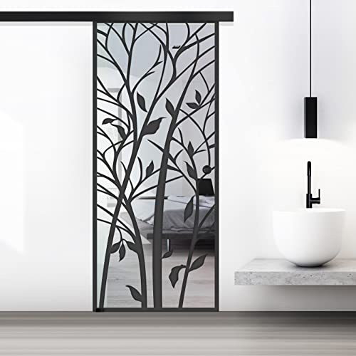 BOSS Black Porte coulissante en verre Modele WOOD 85x215 cm (60/85/95 cm) Verre Clair 8 mm, modele sable nano-traitement noir, kit de quincaillerie complet (85x215 cm, GAUCHE)
