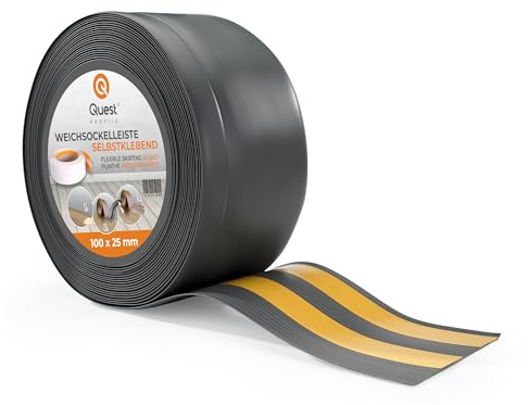 Quest Plinthe Souple en PVC 100 x 25 mm Flexible - Gris foncé, 10 m | Bande de finition résistante à l'eau, à la moisissure et aux produits chimiques, sans perçage, salon, cuisine & salle de bain