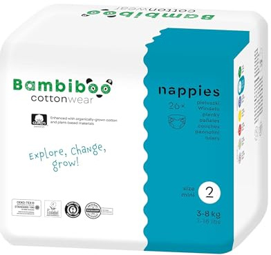 Bambiboo - COTTONWEAR Babyblöjor - Engångsblöjor - Storlek 2 Mini (3-8kg) med navelutskärning - med Bomull, Våtindikator, 3D-volanger - Doftfri, Klorfri - 26 st.