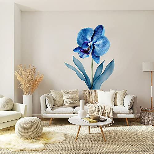 Stickers muraux fleurs - grand format - Autocollants muraux, adhésif floral - stickers décoration - Stickers fleurs - Orchidée Bleue Aquarelle (90x70 cm)
