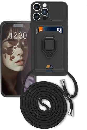 Wishcover store Handykette Hülle mit Kartenhalter für iPhone 15 Pro,kameraschutz Hülle mit Camera Slider Handyhülle Silikon TPU Cover für zum Umhängen Schutzhülle mit Case für iPhone 15 Pro