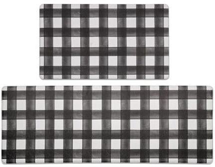 FRESHMINT Modern Farmhouse Plaid 2 Piece Set Kitchen Mats for Floor Anti Fatigue Waterproof & Non-Skid Kitchen Rugs Cushioned Kitchen Mat for Standing Washable Comfort Desk Kitchen Runners