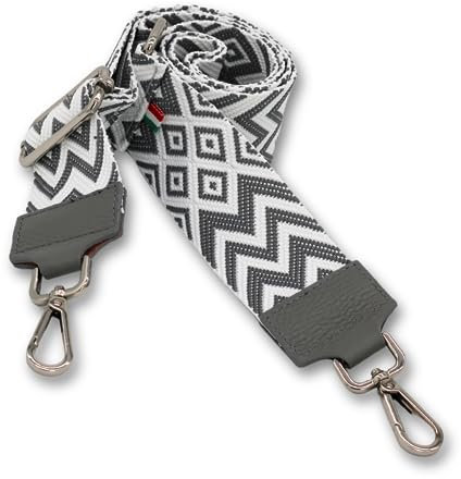 BRISE Taschengurt für Damen & Herren, 5cm Breiter Schultergurt, Verstellbarer 80-130 cm Taschenriemen aus Polyesterstoff und Leder, Stylischer Riemen mit 360 Drehbarer Kopf (Silber - Grau)