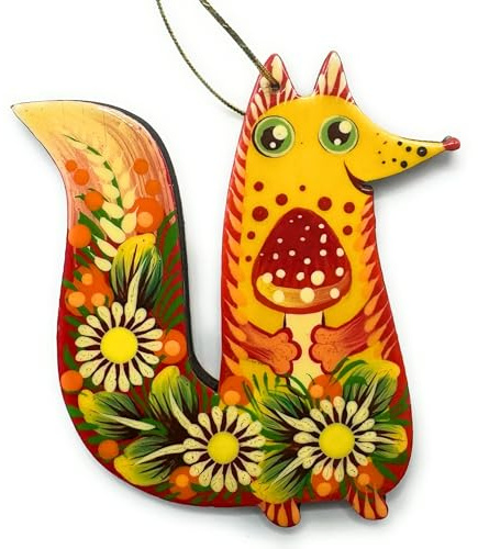 Fox Christmas Ornament made of Wood 9.5 x 8.5 x 0.5 cm Hand-painted Both Sides Wild Forest Animal Hanging Figures for Children's Christmas Tree - Petrykivka Painting