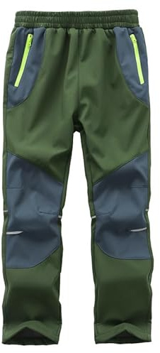 Zzkouine Kinder Softshellhose Schneehose Thermohose Hosen Jungen Mädchen Winterhose Outdoorhose Wanderhose, Grün/Grau 146-152