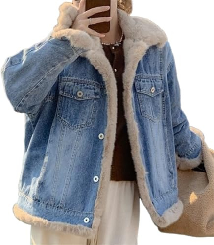Onsoyours Veste en Jean Hiver Femme Revers Manches Longues Peluche Doublée Veste en Denim avec Fourrure Parka d'hiver Chaude Softshell Veste Blousons Polaire Manteau A Bleu L