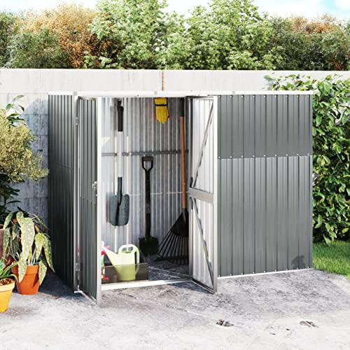 ARKEM Casetta da Giardino per Attrezzi, Capanno in Lamiera d'Acciaio con Tetto Inclinato, Ripostiglio per Attrezzi con Porte Scorrevoli per Giardino,Capanno per Attrezzi Grigio 225x89x161 cm in Acciai