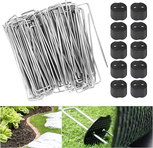 ZSMJAER 100 Piquets de Jardin en Acier Galvanisé, Accompagnés 100 Rondelles, Facilement Réutilisable,Parfait pour Bloquer Les Couvre-Sols, Filets, Bâches et Autres Pelouses Synthétiques Au Jardin