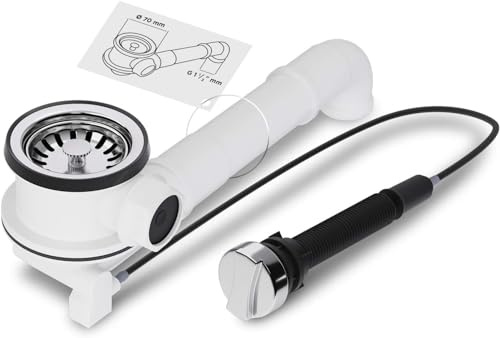 AQUADE Siebkorbventil 70mm mit Bowdenzug + Raumschaffer für Spüle | Spülbecken Abfluss, Siphon Spüle Set für Küche