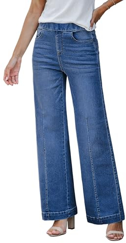 Roskiky Jean pour femme taille haute à enfiler, jean mom élastique taille haute en denim, pantalon large tendance avec couture avant style années 90, jean ample, XS
