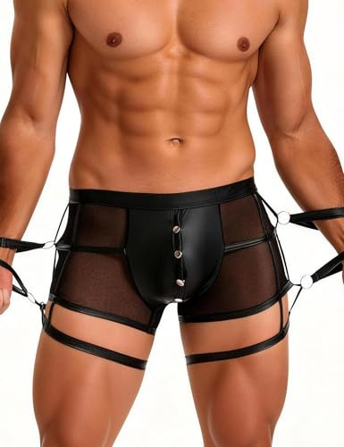 ohyeahlady Sissy Lingerie for Men Open Fly Pouch Boxer Short Gay Underwear | Breathable Black Sexy Outfits, with Handcuffs and Thigh Garter, Man Mankini Clothing, Size Fit S-XL