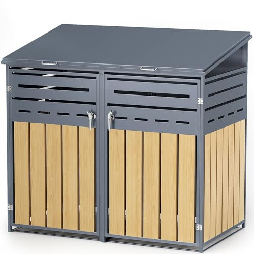 YORKING Metal Wheelie Bin Storage for 120-240 Litre, (W) 142 x (D) 85 x (H) 130.5 cm, Wood Grain Design Galvanized Steel Bin Shed, Outdoor Bin Cover With Lockable Door for Backyard, Patio, Garden