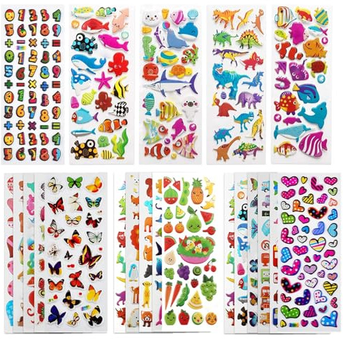 3D Puffy Stickers for Kids Toddlers, 500+ Small Sticker Variety Pack, 22 Sheets for Rewarding Gifts Scrapbooking Including Animals, Fish, Dinosaurs, Numbers, Fruits, Trucks, Butterfly and More