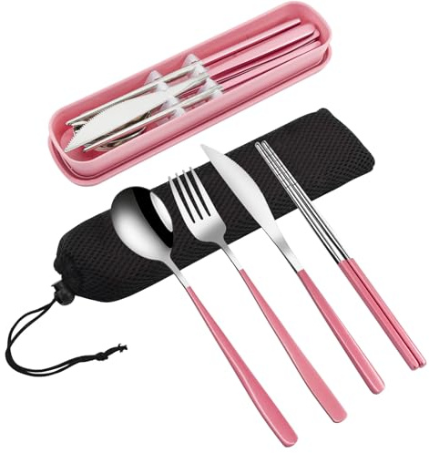 VANRA 4-Piece Portable Travel Utensils Set with Case 18/8 Stainless Steel Flatware Set Reusable Cutlery Set with Fork Spoon Knife Chopstick for Lunch Travel Camping School Work Picnic (Pink)